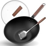 Wok Pan Nonstick, YuSailng Carbon Steel Wok with Lid - Including Glass Cover and Spatula, 13''/5.6L Woks & Stir-Fry Pans for Induction, Electric, Gas Stoves