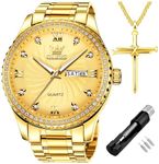 OLEVS Diamond Watches for Men,Business Dress Watch Waterproof Luminous, All Golden face Big Dial, Quartz Watch