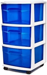 HOMZ Drawer Tower, 3-Tier Clear Blue Plastic Storage Organizer Cart, White Frame - Rolling Drawer Containers with Wheels for Bathroom, Bedroom, Office, and Classroom Organization
