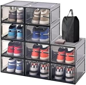 10 Pack Shoe Storage Box Large Clear Plastic Shoe Organizer for Closet Stackable Sturdy Shoe Rack Containers with Magnetic Door for Sneaker Storage Easy to Assemble Fit up US Size 12 Grey