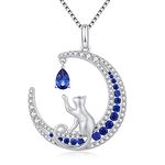 Sapphire Cat Necklace for Women Cat Moon Necklace Sterling Silver Diamond Cat Necklace Cubic Zirconia Cat Choker Necklace Silver Necklaces for Women 18K White Gold Cat Necklace Women, adult