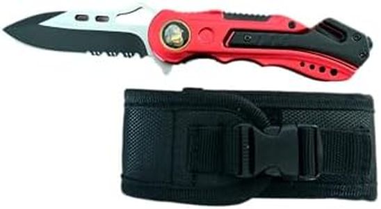 Albainox couteau sapeur pompier pliant rouge avec son étui ceinture, brise vitre, coupe ceinture, scie couteau de secours, urgence, paramedical. robuste