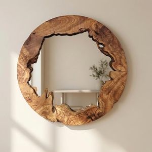 Live Edge Olive Wood Mirror - Round Rustic Wall Decor for Entryway & Bathroom, Solid Wood Circle Mirror, Organic Modern Farmhouse Aesthetic, Premium Natural Grain Decorative Accent, 36"
