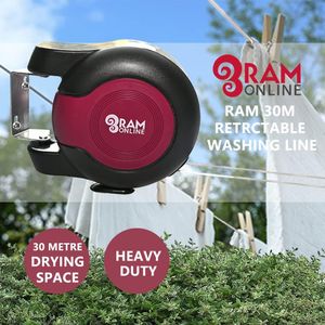 Ram 30m Retractable Clothes Line – Twin Cable Wall Mounted Dryer, Burgundy