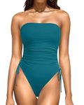 Yonique Women Strapless One Piece Swimsuit Tummy Control Bandeau Bathing Suit Cheeky Swimwear, Teal, Large