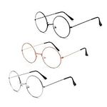 Round Retro Metal Glasses, 3 Pair Metallic Frame Eyeglasses Vintage Classic Clear Lens Glasses Eyewear for Men Women Unisex Wroking Dressing Black Gold Silver