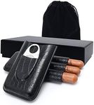 Leather Cigar Case, Including Cutter Set, Leather Traveling Cigar Case 3 Tubes Humidor Box, Packed by Nice Gift Box (Black)