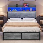 YITAHOME Full Size Bed Frame,LED Bed Frame with Headboard,USB Ports & Charging Outlets,Metal Platform Bed Frame with 2 Tiers Storage Shelves, No Box Spring Needed, Vintage Grey