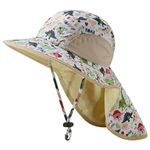 BASSDASH Kids UPF 50+ Wide Brim Sun Hat with Neck Flap Lightweight Cooling Performance Toddler Girls Boys Outdoor Play Hats, Cream/Dinosaur, Medium