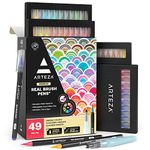 ARTEZA Real Brush Pens with Flexible Nylon Tips, 48 Paint Markers for Watercolour Painting, Colouring, Calligraphy and Drawing, Water Brush included