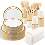 350PCS White & Gold Party Supplies, Gold Rim Disposable Dinnerware Set Include 50 Dinner Plates, 50 Dessert Plates, 50 Cups, 50 Napkins and 50 Cutlery Set for Wedding, Birthday, Parties, Baby Shower