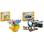 LEGO Creator 3in1 Flowers in Watering Can Toy to Welly Boot to 2 Birds on a Perch & Creator 3in1 Retro Camera Toy to Video Camera to TV Set, Kids' Desk Decoration