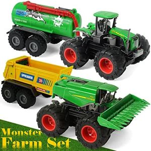 KARMOUNT Combine Harvester Tractor with Trailers, 4PCS Farm Toys Set for Kids and Toddlers Aged 3-5, Die-cast Monster Spreader Trucks with Trailer for Boys Girls Kid(Set2)