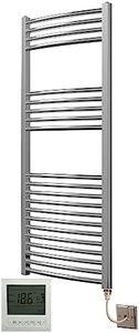 Greened House Electric Chrome 500 Wide x 1200 High Curved Heated Towel Rail + Timer and Room Thermostat