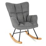 COSTWAY Relax Rocking Chair, Linen Fabric Upholstered Rocker Accent Chair with Solid Wood Base, Modern Tufted Wingback Leisure Lounge Reading Armchair for Living Room Bedroom Nursery (Grey)