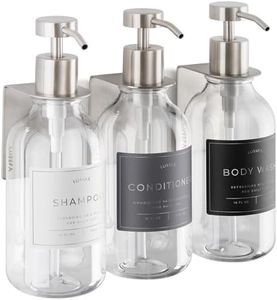 Lusspa Shampoo & Conditioner Dispenser - Shower Soap Dispenser Wall Mounted - Set of 3 16.9 Oz Plastic Bottles with Pump & Holder - Shampoo Dispenser - Shower Dispenser Chamber No Drill (clear/silver)