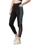 BLINKIN Stretchable Yoga Pants for Women & Gym Pants for Women Workout with Mesh Insert & Side Pockets (1869,Color_Black-D-Green,Size_XL)