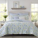 Laura Ashley Home Comforter, Soft Reversible Bedding Set, Includes Matching Bonus Euro Shams & Throw Pillows, Cotton, Nora Blue/Yellow/Green/White, Queen