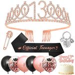 13th Birthday Gifts for Girls,13th Birthday Decorations Girls 13th Birthday Sash and Tiara,13th Tiara Crown,Glitter Birthday Sash,Black Rose Gold Balloons,Cake Topper,Keyring for Teenager Gifts Girls