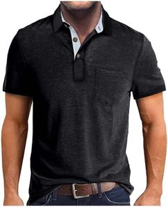 Mens Polo Shirts with Pocket Classic Fit Casual Short Sleeve Vintage Dual Tipped Collar Button Down Polo Shirt Black