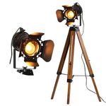 INJAK Industrial Floor Lamp for Living Room Tripod Wood Standing Tall Lighting Black Adjustable Cinema Metal Lampshade Studio Lights E26 Farmhouse Retro Floor Lamps for Bedroom Office Reading