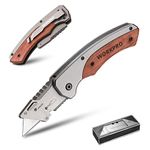 WORKPRO Folding Utility Knife with Wooden Handle, Box Cutter with Belt Clip and Liner Lock Design, Includes 10 Blades
