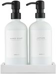 MaisoNovo Soap and Lotion Dispenser Set - 16.9 fl oz White Hand Soap Dispenser Glass with Black Pump Set of 2 and Concrete Tray