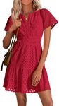 PRETTYGARDEN Womens 2025 Summer Short Dress V Neck Short Sleeve A Line Hollow Out Lace Ruffle Cute Casual Beach Party Dresses (Red,XX-Large)