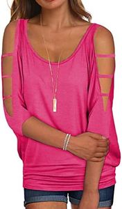 Miselon Tops for Women Casual Off Shoulder 3/4 Sleeve Strappy T Shirts Hot Pink,M