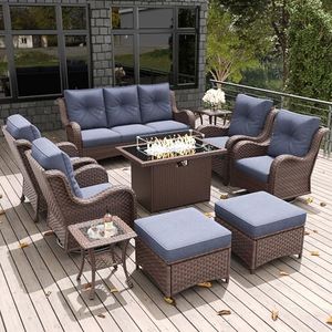 LayinSun 10 Pieces Outdoor Patio Furniture Set with Fire Pit Table, Rattan Wicker Sectional Swivel Rocker Chairs Sets with Ottomans, Swivel Glider Chair, Single Chairs and Coffee Table
