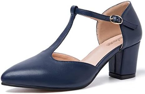 Enelauge Women's T-Strap Mary Jane Pumps Pointed Toe Ankle Strap Buckle Chunky Block Heel D'Orsay Sandals Dress Shoes, Matte Navy, 8
