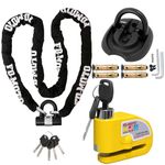 FD-MOTO 4.3KG Steel 2M*10mm Chain Lock Padlock + Alarm Brake Disc Lock Yellow + Ground Wall Anchor Heavy Duty for Motorbike Motorcycle Scooter Bike Bicycle ATV