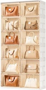 JEKO&JEKO 6-Tier Double Column Foldable Handbag Storage Cabinet, Large Tote Bag Organizer with Magnetic Doors, White