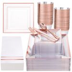 Festiva 350Pcs Rose Gold Plastic Plates - Clear Rose Gold Disposable Dinnerware Sets for 50Guests include 100 Plates 50 Cups 50Plastic Cutlery 50Napkins Perfect for Party&Wedding&Mother's Day