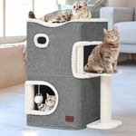 YITAHOME 2-Tier Cat House, Indoor Cat Cave Bed Playhouse, Cat Tunnels with Scratch Pad and Hideaway Cube, Cute Modern Cat Condo Furniture for Multi Small Cats, Extended (Grey)