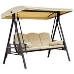 Outsunny 3 Seater Garden Swing Chair Outdoor Hammock Bench w/Adjustable Canopy, Cushions and Cup Trays, Brown Steel Frame, Beige Fabric