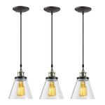 Globe Electric 65207 Jackson 1-Light Pendant 3-Pack, Antique Brass & Bronze, Black Cord, Glass Shade