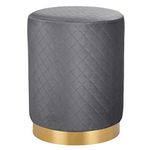 BIRDROCK HOME Round Grey Velvet Ottoman Foot Stool with Lattice Design – Soft Compact Padded Stool – Gold Trim - Great for The Living Room or Bedroom – Decorative Furniture – Foot Rest