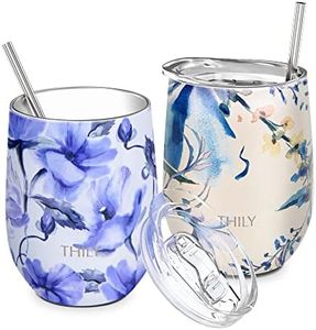 THILY Stainless Steel Insulated Wine Tumbler Stemless Wine Glass with Sliding Lid and Straw, Keep Coffee or Cocktails Cold, Cute Gifts for Women, 2 Pack(Iridaceae+Orchid)