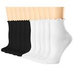 Mcool Mary 10 Pairs Womens Ruffle Socks,Casual Cute Ankle Socks Comfy Breathable Cool Knit Cotton Crew Frilly Sock for Women, 10pairs(5white+5black), 5-9