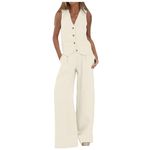 Generic Womens Waistcoat and Trouser Set Suits 2 Piece Set V Neck Sleeveless Button Vest Wide Leg Trouser 2 Piece Blazer Suit Summer Matching Sets Cotton Linen Pants Set Business Suit Beige