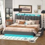 Queen Size Bed Frame with 4 Storage Drawers,Charging Station,Adjustable RGB LED Light,Upholstered Headboard with hidden storage,Heavy duty Slat Support,Sturdy and Stable,No Box Spring Needed,Dark Gray