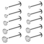 Pierstyles 16G 18G Internally Threaded 2/3/4/5/6MM Labret Surgical Steel Clear CZ Stud Piercing Jewelry for Conch, Helix, Tragus, Earlobe, Medusa, Lip - Silver Nose Ring Studs Flat Back Screw On for