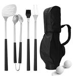 Gute 7 Piece Golf BBQ Tools Gift Set - Fathers Day Golf Club Shaped Spatula, Grill Fork, Tongs, Brush, 2 Golf Ball Salt & Pepper Shakers & Golf Storage Bag - Stainless Steel Grilling Tools Golf Gifts