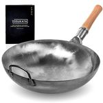 YOSUKATA Silver Round Bottom Wok Pan – 36 cm Woks and Stir Fry Pans - Chinese Hammered Pow Wok Carbon Steel Wok - Traditional Chinese Japanese Woks - Carbon Steel Cooking Wok (Silver)