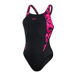 Speedo Women's HyperBoom Splice Muscleback Swimsuit | Classic Design| Quick Drying | Training | Fitness | Chlorine Resistant , Black/Electric Pink/Ecstatic Pink, 28