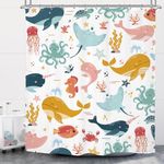 Riyidecor Funny Whale Kids Shower Curtain 72Wx72H Inch Cartoon Dolphin Curtains Cute Marine Animal Ocean Fish Underwater Sealife for Boys Girls Bathroom Decor Fabric Polyester Waterproof 12 Pack Hooks