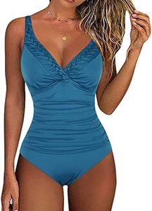 Hilor Women's One Piece Swimsuits Pin Tucked Surplice Swimwear Tummy Control Bathing Suits Monokinis Aquamarine Blue 10