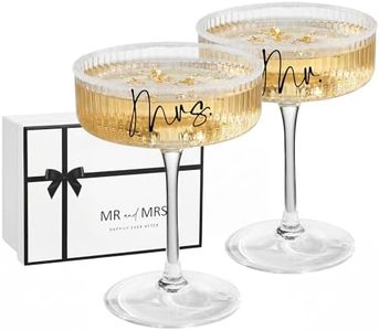 Ribbed Coupe Glasses for Anniversary Engagement Wedding Bridal Shower Gifts for Couple, Crystal Martini Glasses Set of 2, 10 Oz Vintage Wedding Mr and Mrs Champagne Flutes, Margarita Cocktail Glasses