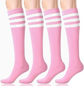 FITRELL Women's Knee High Socks Athletic Socks Stripe Tube Outdoor Sport Socks 4 Pairs, Pink